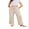 CHARTOU Women's Summer Drawstring Waist Wide Leg Loose Cotton Linen Palazzo Pants (Small, Khaki) view 2