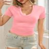 Womens Summer Sexy Short Sleeve Tshirt Tops Deep V Neck Shirts Casual Slim Fit Basic T-Shirt Tee A-Pink view 2