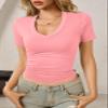Womens Summer Sexy Short Sleeve Tshirt Tops Deep V Neck Shirts Casual Slim Fit Basic T-Shirt Tee A-Pink view 3