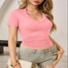 Womens Summer Sexy Short Sleeve Tshirt Tops Deep V Neck Shirts Casual Slim Fit Basic T-Shirt Tee A-Pink view 4