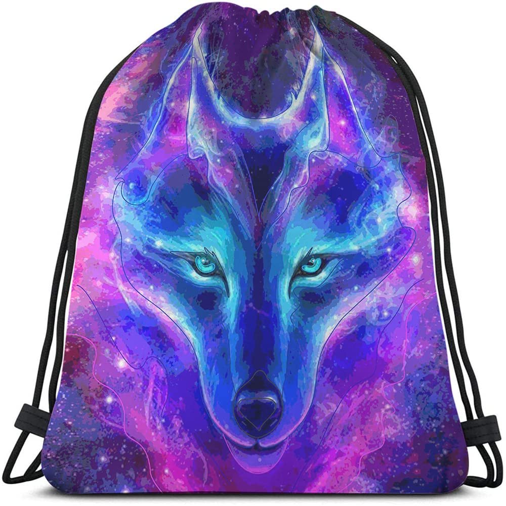 Beabes Galaxy Wolf Drawstring Bags Backpack Bag Starry Sky Stars Constellation Galaxy Outer Space Magic Animal Sport Gym Sack Drawstring Bag String Bag Yoga Bag for Men Women