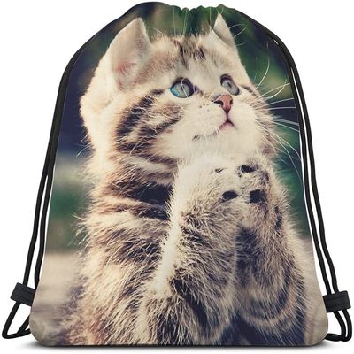 Beabes Cat Drawstring Bags - Backpack Bags with Cute Animal Designs, Grateful, Thankful & Blessed Kitty Pet Blue & Brown Big Eyes Fashion Sport Gym Sacks for Men & Women