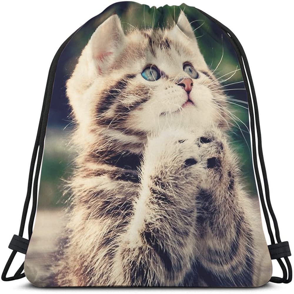 Beabes Cat Drawstring Bags - Backpack Bags with Cute Animal Designs, Grateful, Thankful & Blessed Kitty Pet Blue & Brown Big Eyes Fashion Sport Gym Sacks for Men & Women