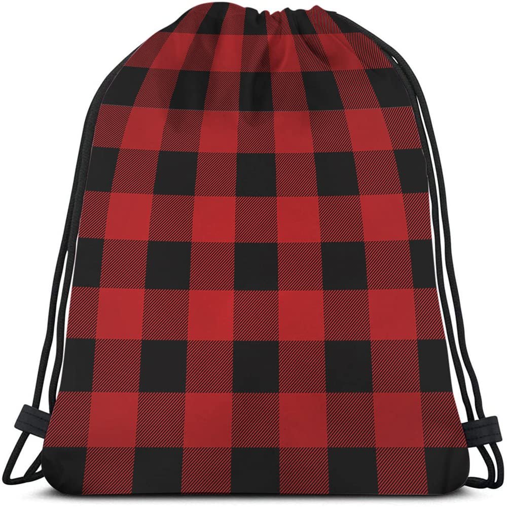 Beabes Black And Red Buffalo Drawstring Bags Backpack Bag Plaid Classic Pattern Tartan Art Stripes Sport Gym Sack Drawstring Bag String Bag Yoga Bag for Men Women