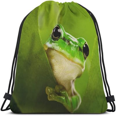 Beabes Green Frog Drawstring Bags Backpack Bag Cute Animal Little Funny Wildlife Tree Leaves Nature Black Big Eyes Sport Gym Sack Drawstring Bag String Bag Yoga Bag for Men Women