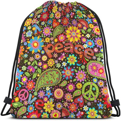 Beabes Peace Drawstring Bags Backpack Bag Sign Symbol Love Hippie Colorful Floral Butterfly Paisley Heart Leaf Sport Gym Sack Drawstring Bag String Bag Yoga Bag for Men Women