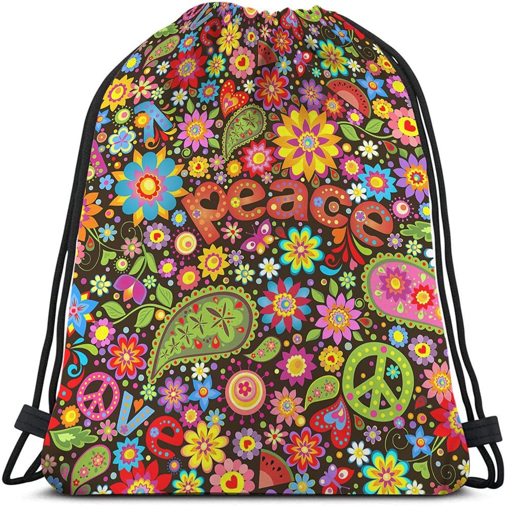 Beabes Peace Drawstring Bags Backpack Bag Sign Symbol Love Hippie Colorful Floral Butterfly Paisley Heart Leaf Sport Gym Sack Drawstring Bag String Bag Yoga Bag for Men Women