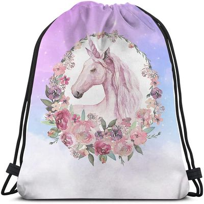 Beabes Cute Cartoon Unicorn Drawstring Bags Backpack Bag Animal In Garland Universe Stars Starry Colorful Summer Flowers Rose Sport Gym Sack Drawstring Bag String Bag Yoga Bag for Men Women