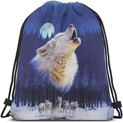 Beabes Wild Wolf Drawstring Bags Backpack Bag Winter With Full Moon Animal Theme Group Starry Night Stars Sport Gym Sack Drawstring Bag String Bag Yoga Bag for Men Women