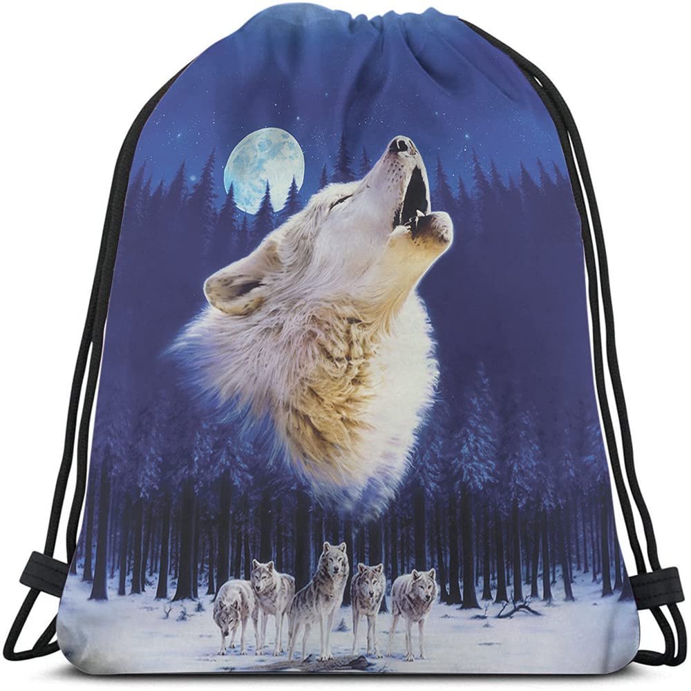 Beabes Wild Wolf Drawstring Bags Backpack Bag Winter With Full Moon Animal Theme Group Starry Night Stars Sport Gym Sack Drawstring Bag String Bag Yoga Bag for Men Women