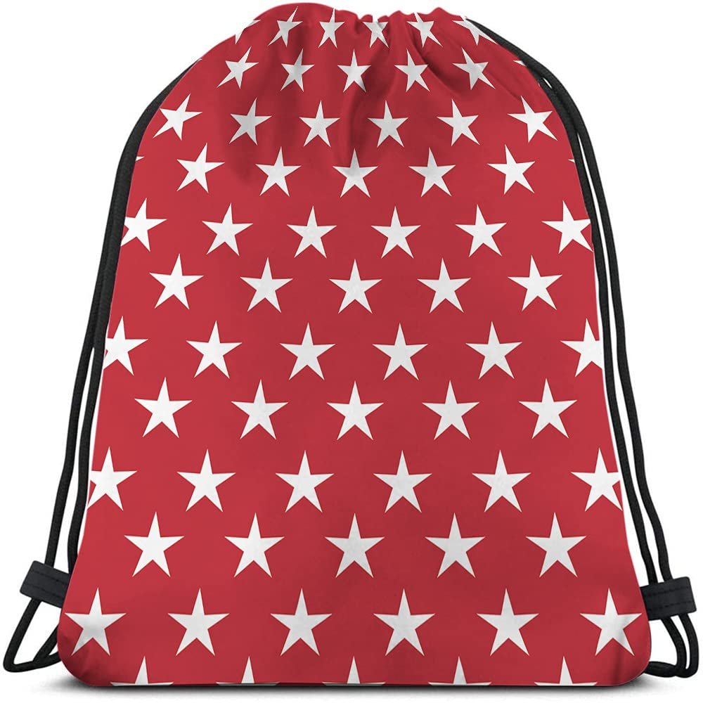 Beabes White Stars Drawstring Bags Backpack Bag Abstract USA Star Design On The Red Background Cool Symbol Sign Sport Gym Sack Drawstring Bag String Bag Yoga Bag for Men Women