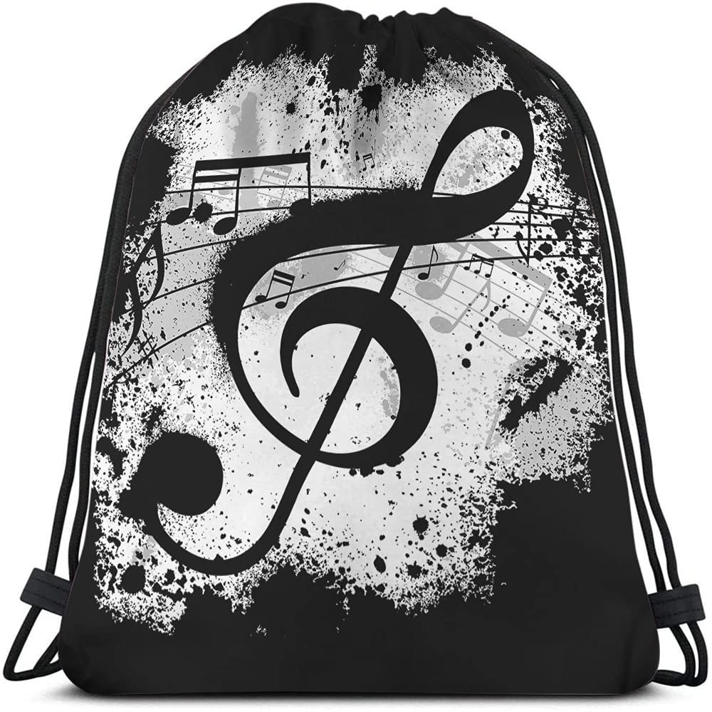 Beabes Music Notes Drawstring Bags Backpack Bag Vintage Design Grunge Art Black Ground Silhouette Ink Splatter Sport Gym Sack Drawstring Bag String Bag Yoga Bag for Men Women