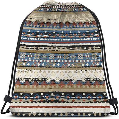 Beabes Bohemian Retro Stripes Drawstring Bags Backpack Bag Boho Design Tribal Print Ikat Ethnic Pattern Rustic Sport Gym Sack Drawstring Bag String Bag Yoga Bag for Men Women