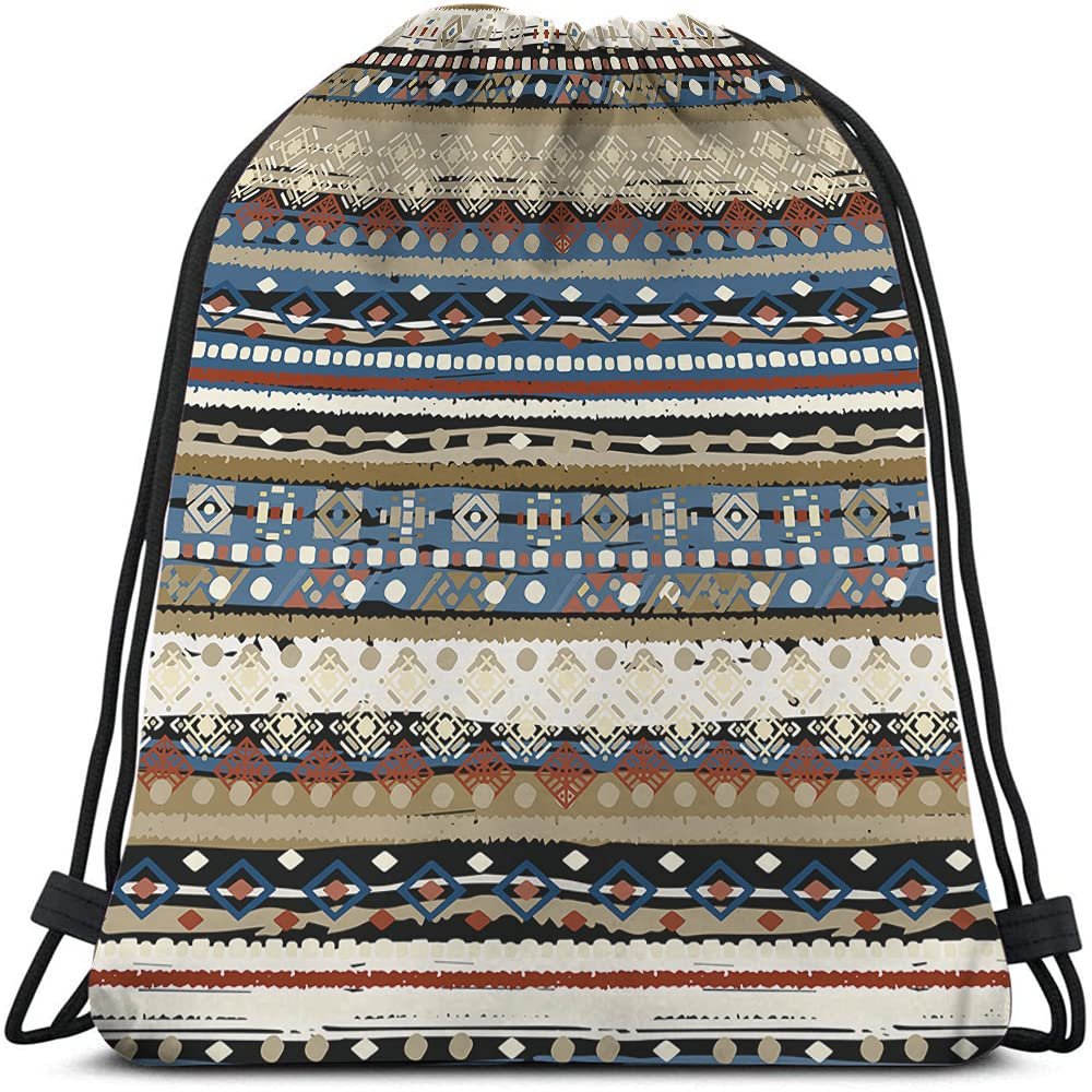 Beabes Bohemian Retro Stripes Drawstring Bags Backpack Bag Boho Design Tribal Print Ikat Ethnic Pattern Rustic Sport Gym Sack Drawstring Bag String Bag Yoga Bag for Men Women