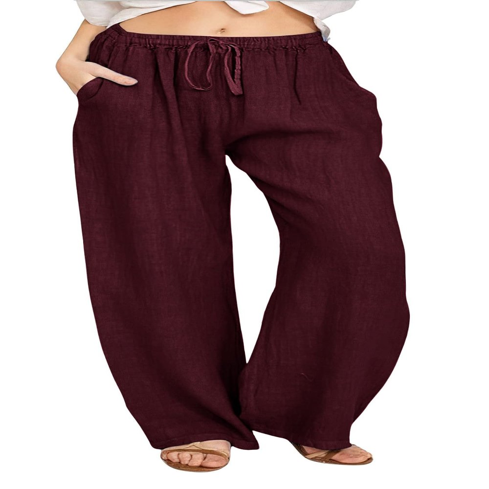 CHARTOU Women's Summer Drawstring Waist Wide Leg Loose Cotton Linen Palazzo Pants (Large, Wine Red)