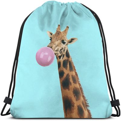 Beabes Adorable Animal Giraffe Drawstring Bags Backpack Bag Blowing Bubbles Gum Funny African Cool Blue Wild Cute Sport Gym Sack Drawstring Bag String Bag Yoga Bag for Men Women