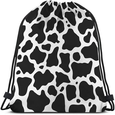 Beabes Drawstring Backpack, Black and White Cow Pattern, Polyester, Waterproof, Lightweight, Gym, Yoga, Swimming, Hiking, 14x16.9 inch, Unisex, Adult
