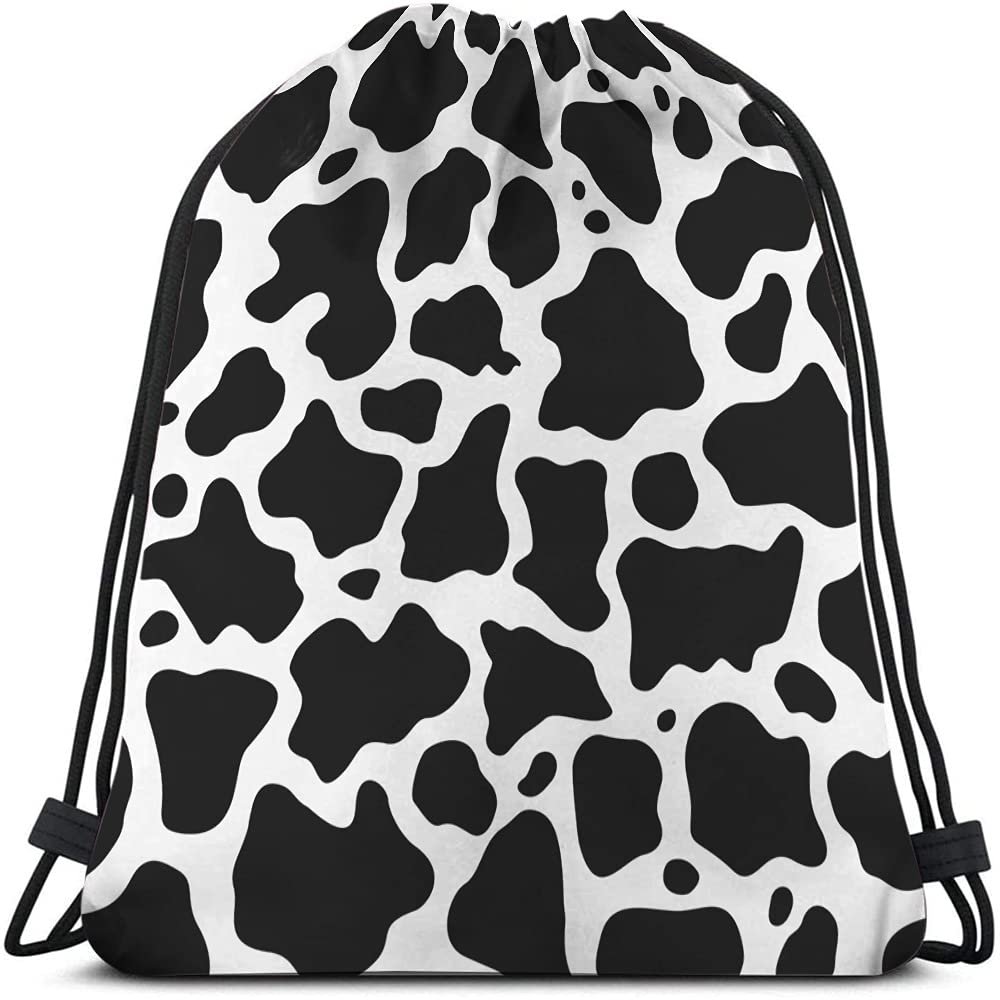 Beabes Drawstring Backpack, Black and White Cow Pattern, Polyester, Waterproof, Lightweight, Gym, Yoga, Swimming, Hiking, 14x16.9 inch, Unisex, Adult