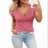 Womens Summer Sexy Short Sleeve Tshirt Tops Deep V Neck Shirts Casual Slim Fit Basic T-Shirt Tee Dark Pink XX-Large view 1