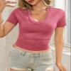 Womens Summer Sexy Short Sleeve Tshirt Tops Deep V Neck Shirts Casual Slim Fit Basic T-Shirt Tee Dark Pink XX-Large view 2