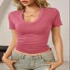Womens Summer Sexy Short Sleeve Tshirt Tops Deep V Neck Shirts Casual Slim Fit Basic T-Shirt Tee Dark Pink XX-Large view 3