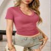 Womens Summer Sexy Short Sleeve Tshirt Tops Deep V Neck Shirts Casual Slim Fit Basic T-Shirt Tee Dark Pink XX-Large view 4