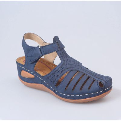 2021 Wedge Sandals for Women Summer Hollow Closed Toe Sandals Platform Buckle Strap Sandals Ladies Vintage Soft Leather Anti-Slip Sandals Casual Outdoor Beach Shoes,Blue,36