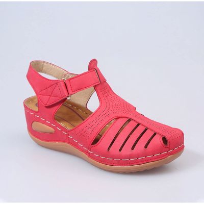 2021 Wedge Sandals for Women Summer Hollow Closed Toe Sandals Platform Buckle Strap Sandals Ladies Vintage Soft Leather Anti-Slip Sandals Casual Outdoor Beach Shoes,Red,37