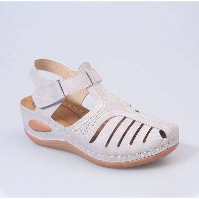 2021 Wedge Sandals for Women Summer Hollow Closed Toe Sandals Platform Buckle Strap Sandals Ladies Vintage Soft Leather Anti-Slip Sandals Casual Outdoor Beach Shoes,Gray,36