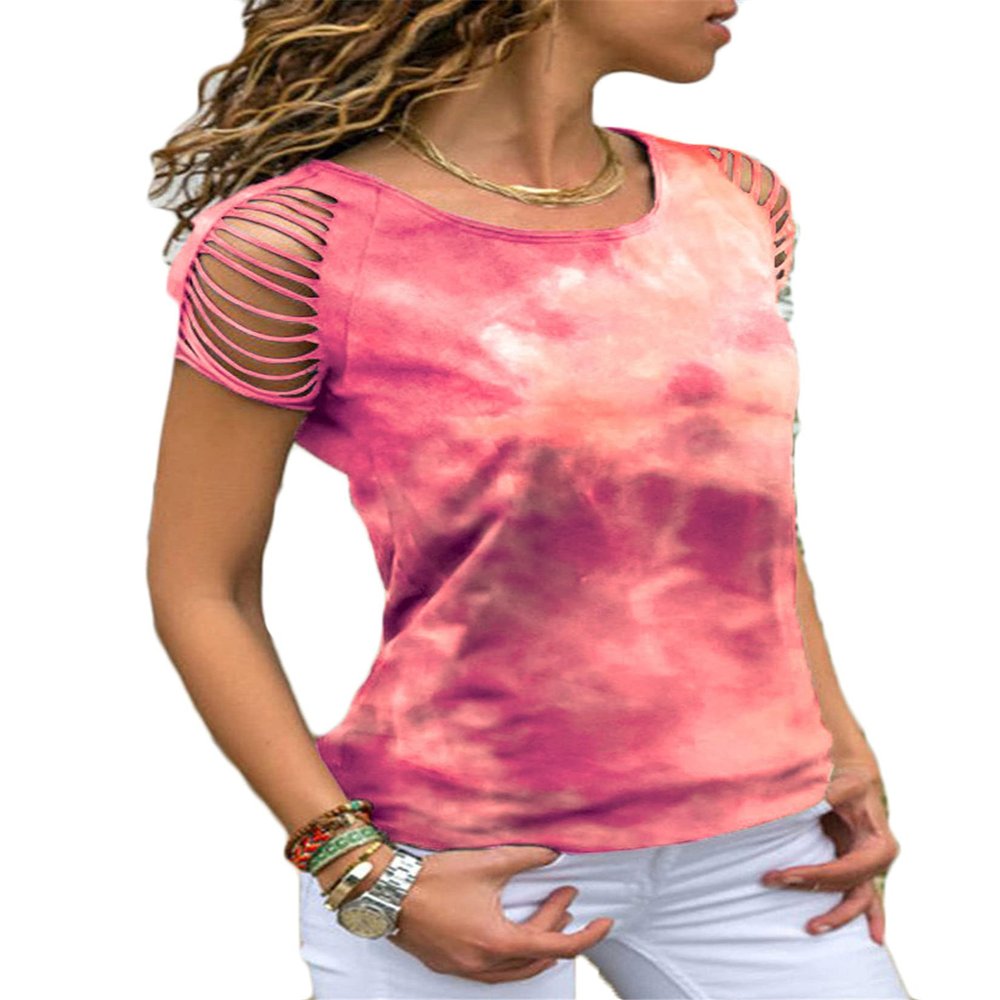 Andongnywell Women's Simple Crewneck Off Shoulder Short Sleeve T-Shirt Casual Solid Tie Dye Pullover Tops Shirts (Wine Red,XX-Large,)