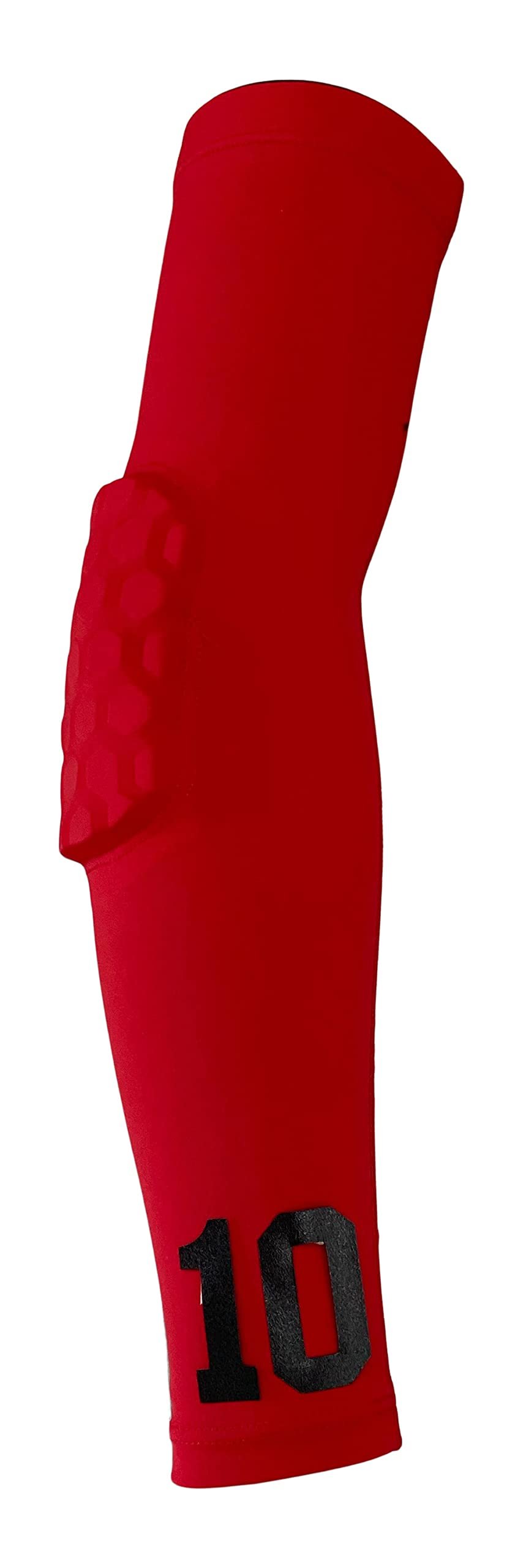 Custom Pick Your Number or Letters Elbow Pad - Moisture Wicking Sports Compression Arm Sleeve (Medium Left Arm, Red)