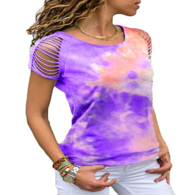 Andongnywell Women's Simple Crewneck Off Shoulder Short Sleeve T-Shirt Casual Solid Tie Dye Pullover Tops Shirts (Purple,Small,)
