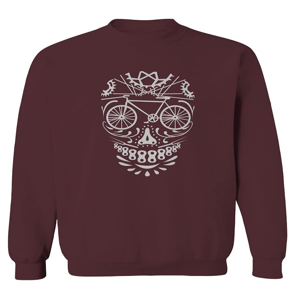 0305. Biker Skull Graphic Biking Mountain Bike Bicycle MTB Rider Men's Crewneck Sweatshirt (Maroon X-Large)