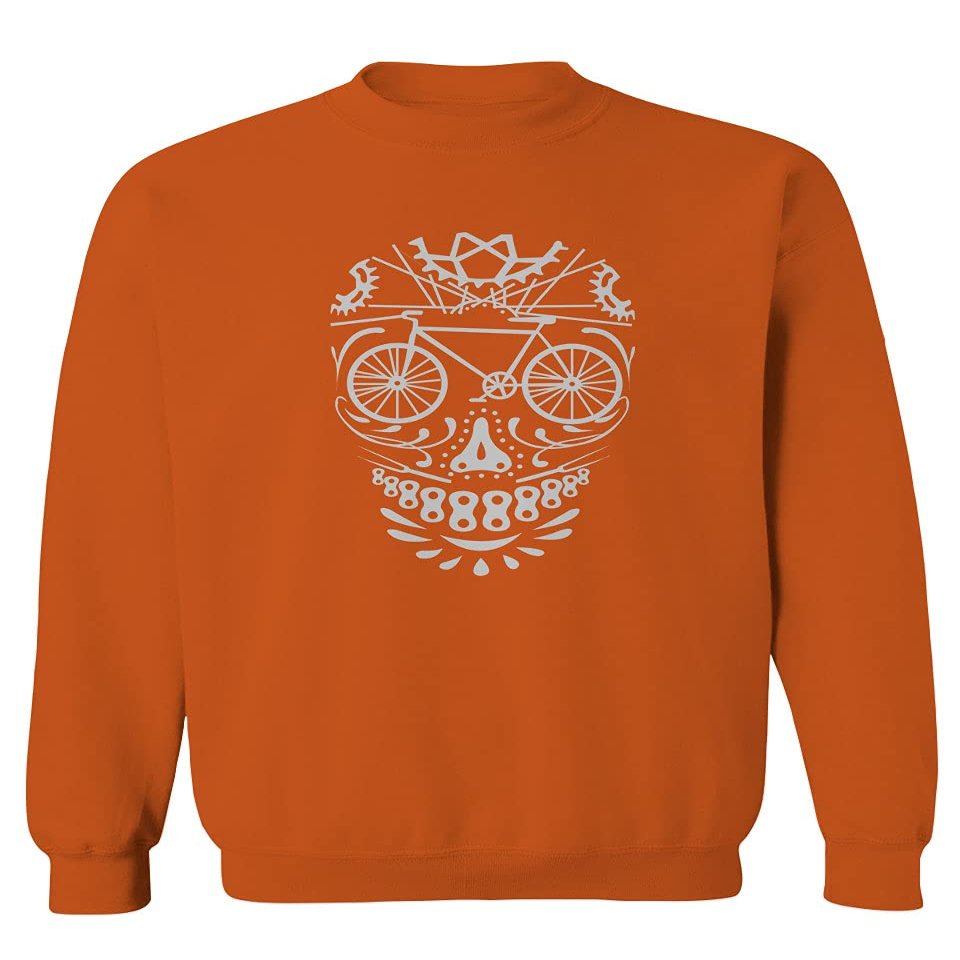 0305. Biker Skull Graphic Biking Mountain Bike Bicycle MTB Rider Men's Crewneck Sweatshirt (Orange Small)