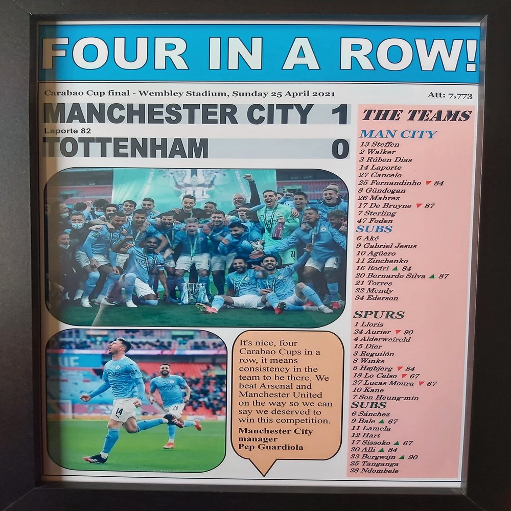 Manchester City 1 Tottenham 0 - 2021 League Cup final - framed print