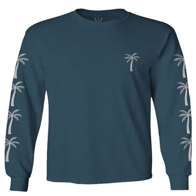 0318. Cool Graphic Surfer Society Summer California Palm Tree Beach Men's Long Sleeve t Shirt (Indigo Blue Small)