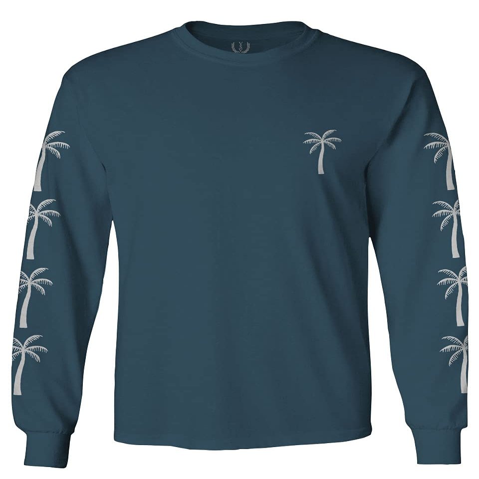0318. Cool Graphic Surfer Society Summer California Palm Tree Beach Men's Long Sleeve t Shirt (Indigo Blue Small)