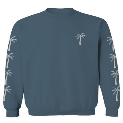 0318. Cool Graphic Surfer Society Summer California Palm Tree Beach Men's Crewneck Sweatshirt (Indigo Blue Small)