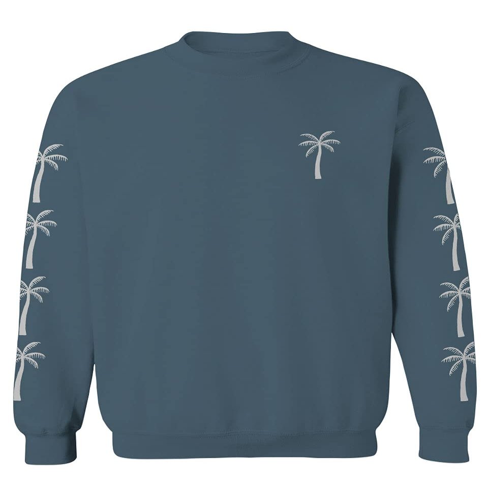 0318. Cool Graphic Surfer Society Summer California Palm Tree Beach Men's Crewneck Sweatshirt (Indigo Blue Small)