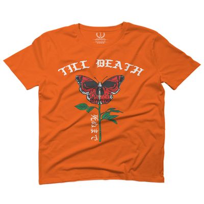 0321. Cool dope Graphic Till Death Red Rose Flower Skull PRIMITIVES Butterfly for Men T Shirt (Orange 2X-Large)