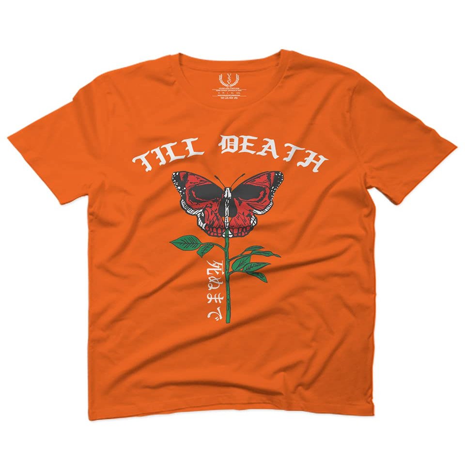 0321. Cool dope Graphic Till Death Red Rose Flower Skull PRIMITIVES Butterfly for Men T Shirt (Orange 2X-Large)