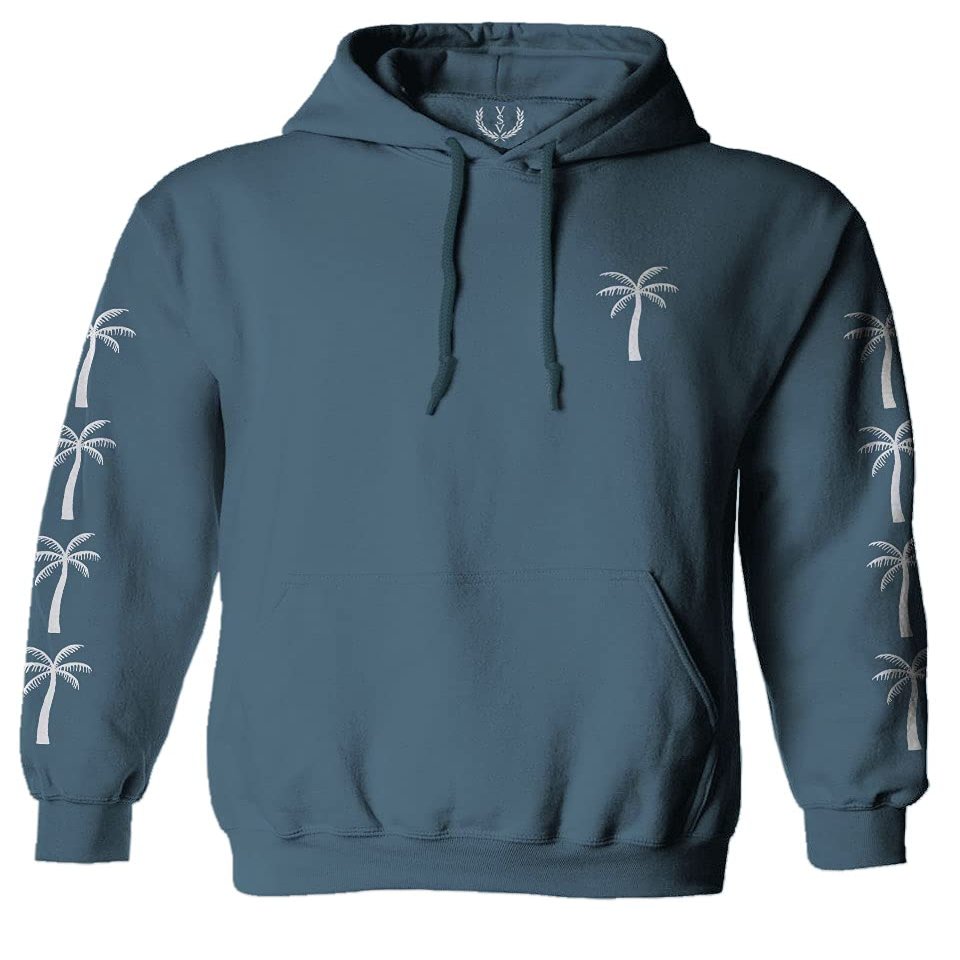 0318. Cool Graphic Surfer Society Summer California Palm Tree Beach Sweatshirt Pullover Hoodie (Indigo Blue, Small)