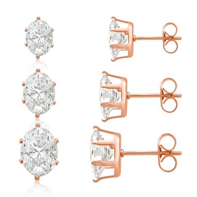 3 Pairs Stud Earrings Set, Hypoallergenic Cubic Zirconia Earrings Oval Shape Earrings Set In Rose Gold Tone Stainless Steel Jewelry Boxed Sets Genuine Cubic Zirconia Earrings