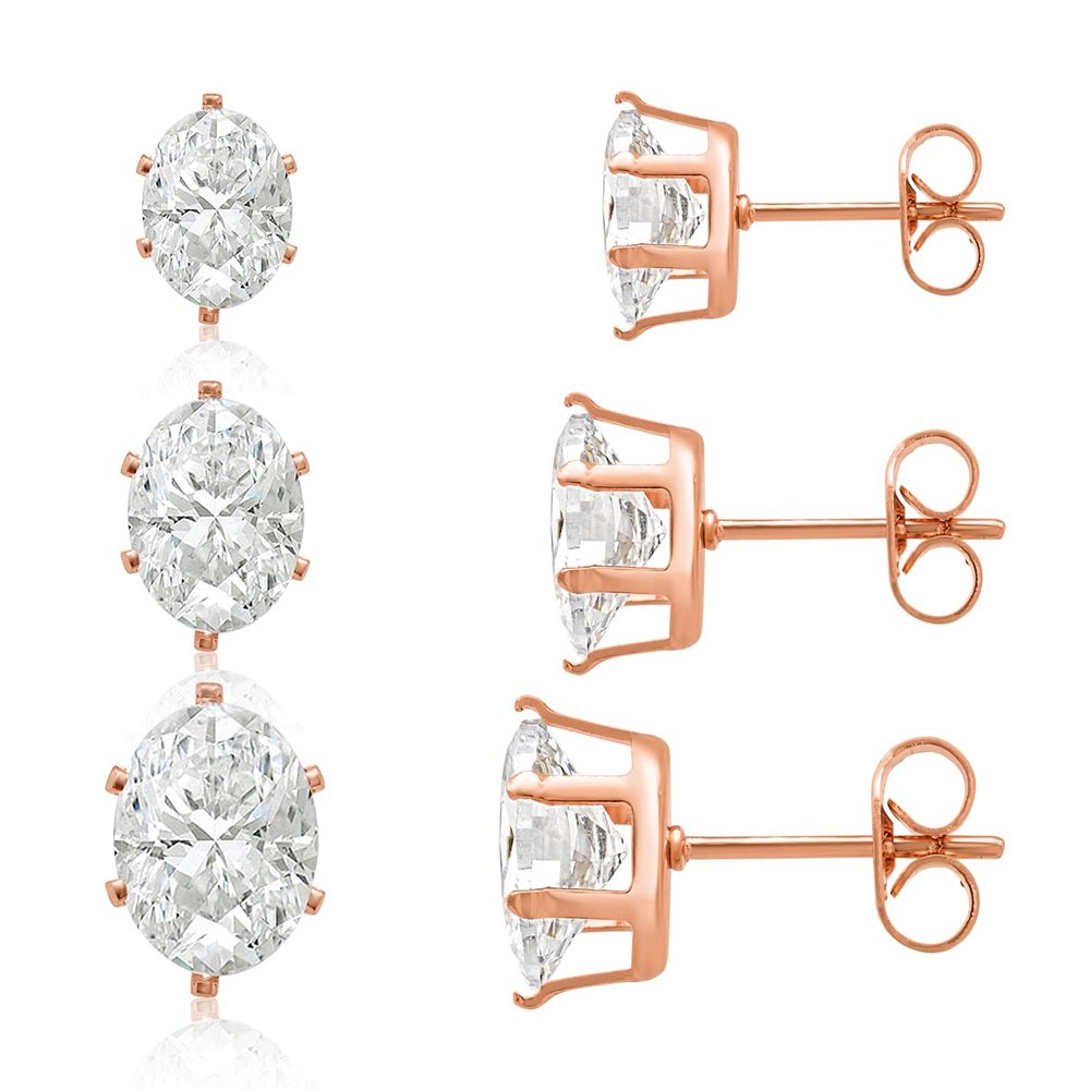 3 Pairs Stud Earrings Set, Hypoallergenic Cubic Zirconia Earrings Oval Shape Earrings Set In Rose Gold Tone Stainless Steel Jewelry Boxed Sets Genuine Cubic Zirconia Earrings
