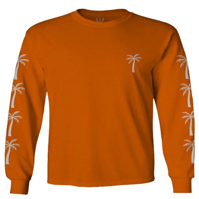 0318. Cool Graphic Surfer Society Summer California Palm Tree Beach Men's Long Sleeve t Shirt (Orange Medium)