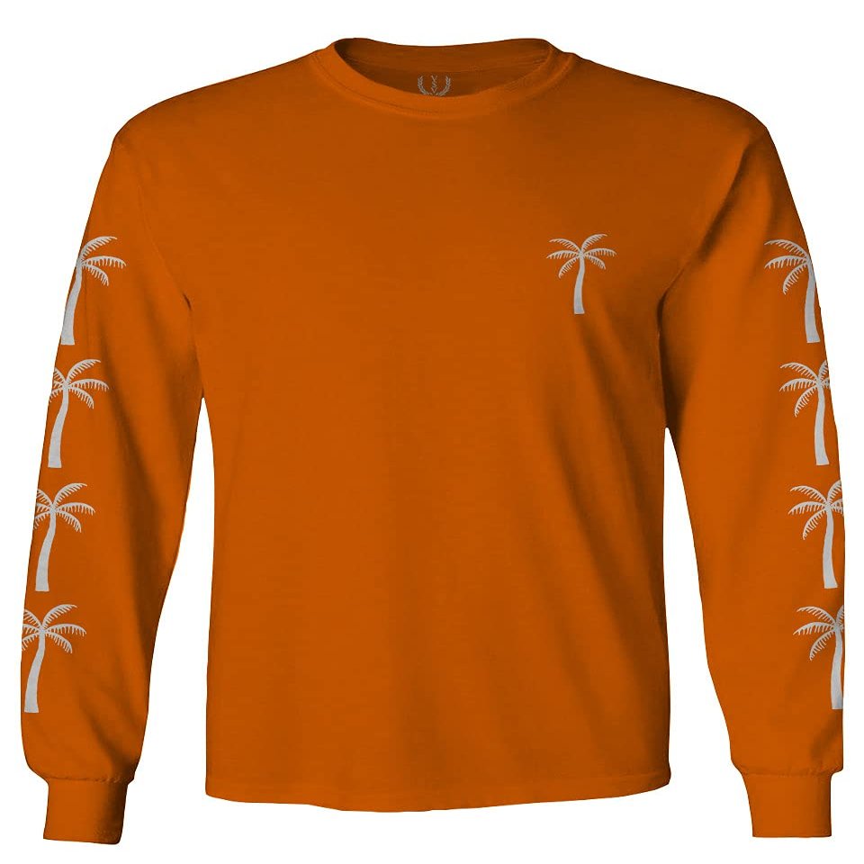 0318. Cool Graphic Surfer Society Summer California Palm Tree Beach Men's Long Sleeve t Shirt (Orange 2X Large)
