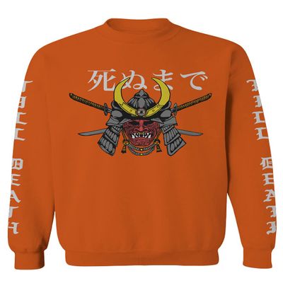 0322. Till Death Vintage Japan Japanesse Warrior Graphic Aesthetics Society Men's Crewneck Sweatshirt (Orange Small)