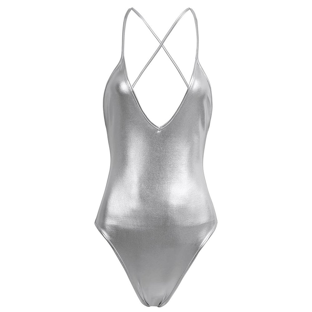 Yeeye Nikiikoo Women's One Piece Shiny Metallic Dance Leotards Gymnastics Bodysuit Dancewear Swimwear Sleeveless Silver Medium