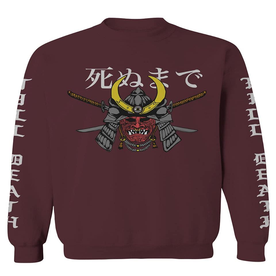 0322. Till Death Vintage Japan Japanesse Warrior Graphic Aesthetics Society Men's Crewneck Sweatshirt (Maroon Medium)