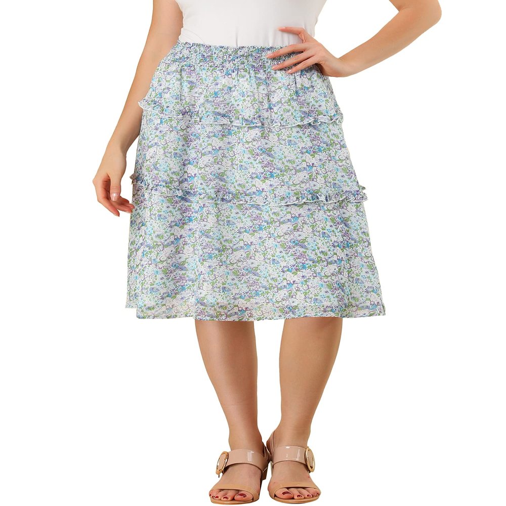 Allegra K Women's Floral Skirts Spring Smocked Elastic Waist A-Line Below Knee Length Ruffle Tiered Skirt X-Large Blue Purple